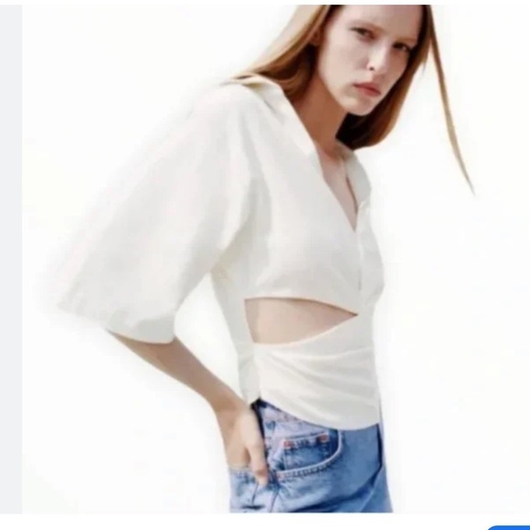 Zara cropped top white Cotton Linen Cut Out Twist size Xs - Picture 10 of 11